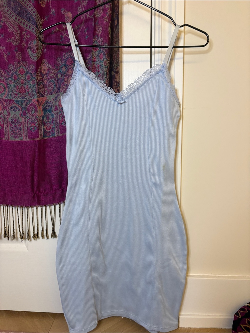 H&M Light Blue Ribbed Lace-Trim Slip Dress